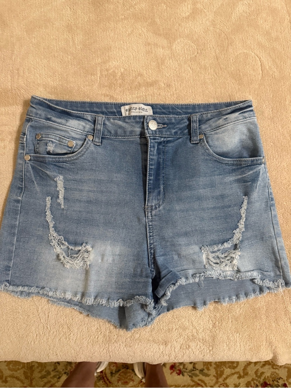 Eighty Eight light blue distressed high-rise jean shorts